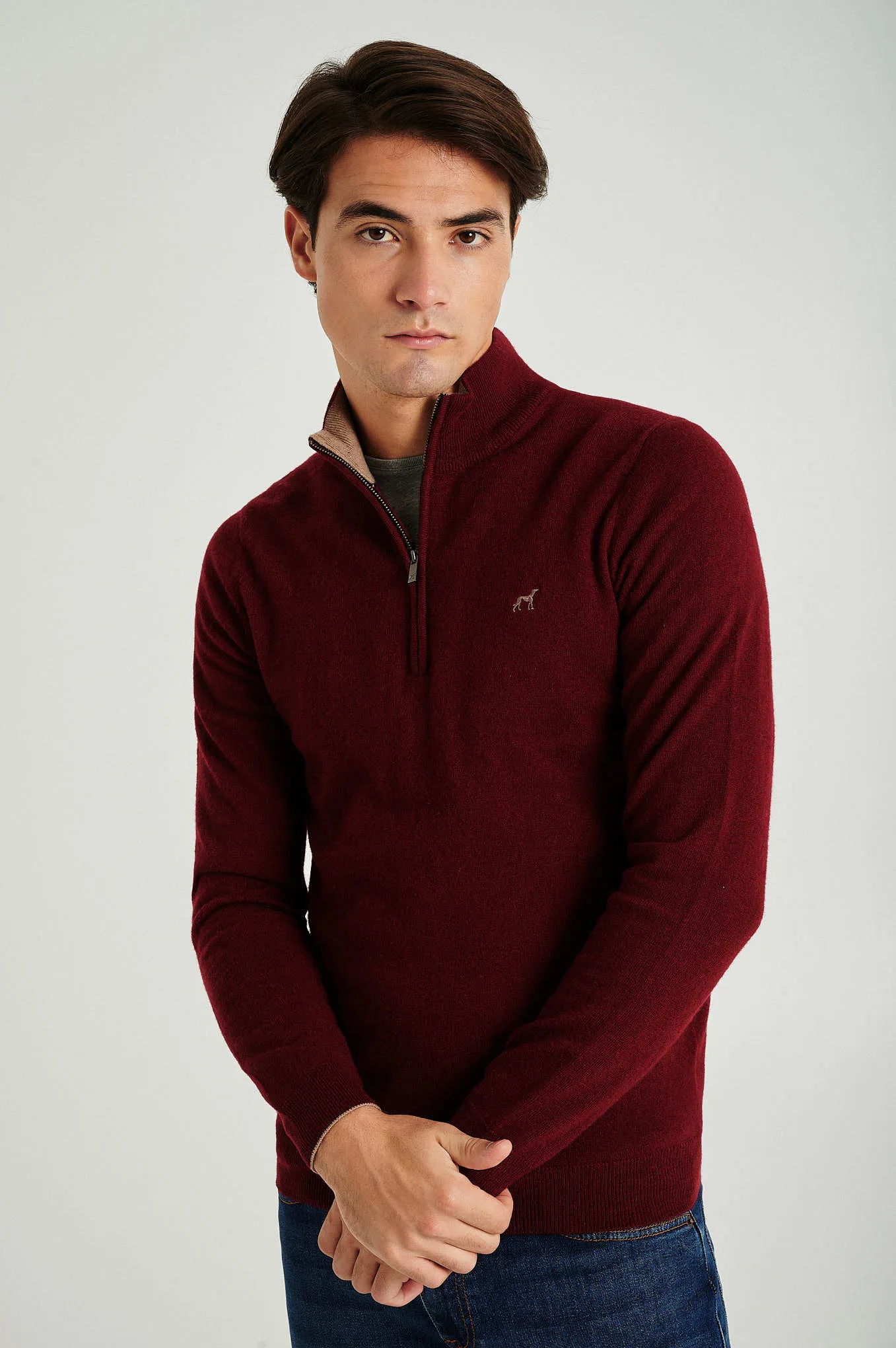 Men's lambswool blend high zip collar sweater