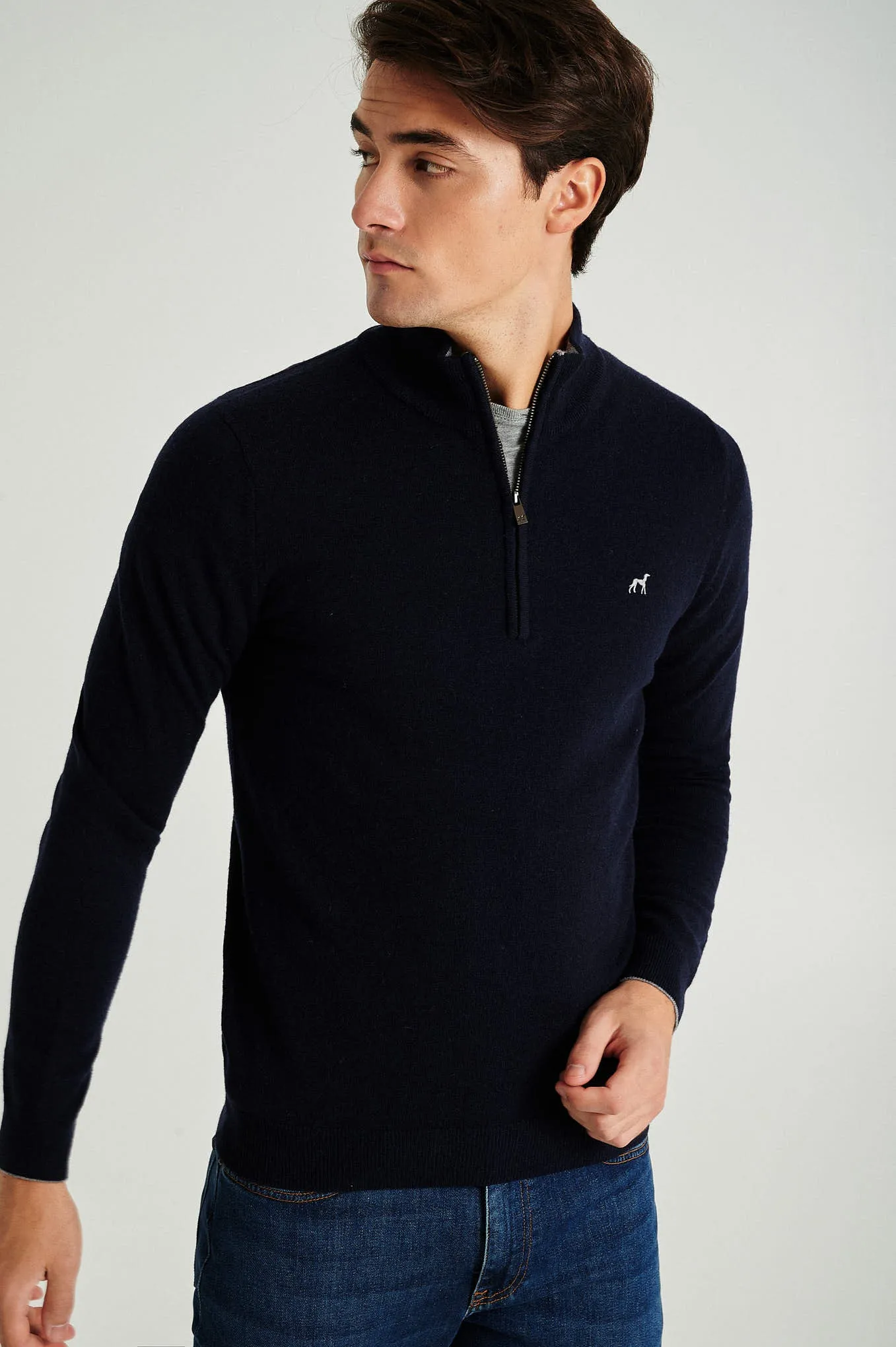 Men's lambswool blend high zip collar sweater