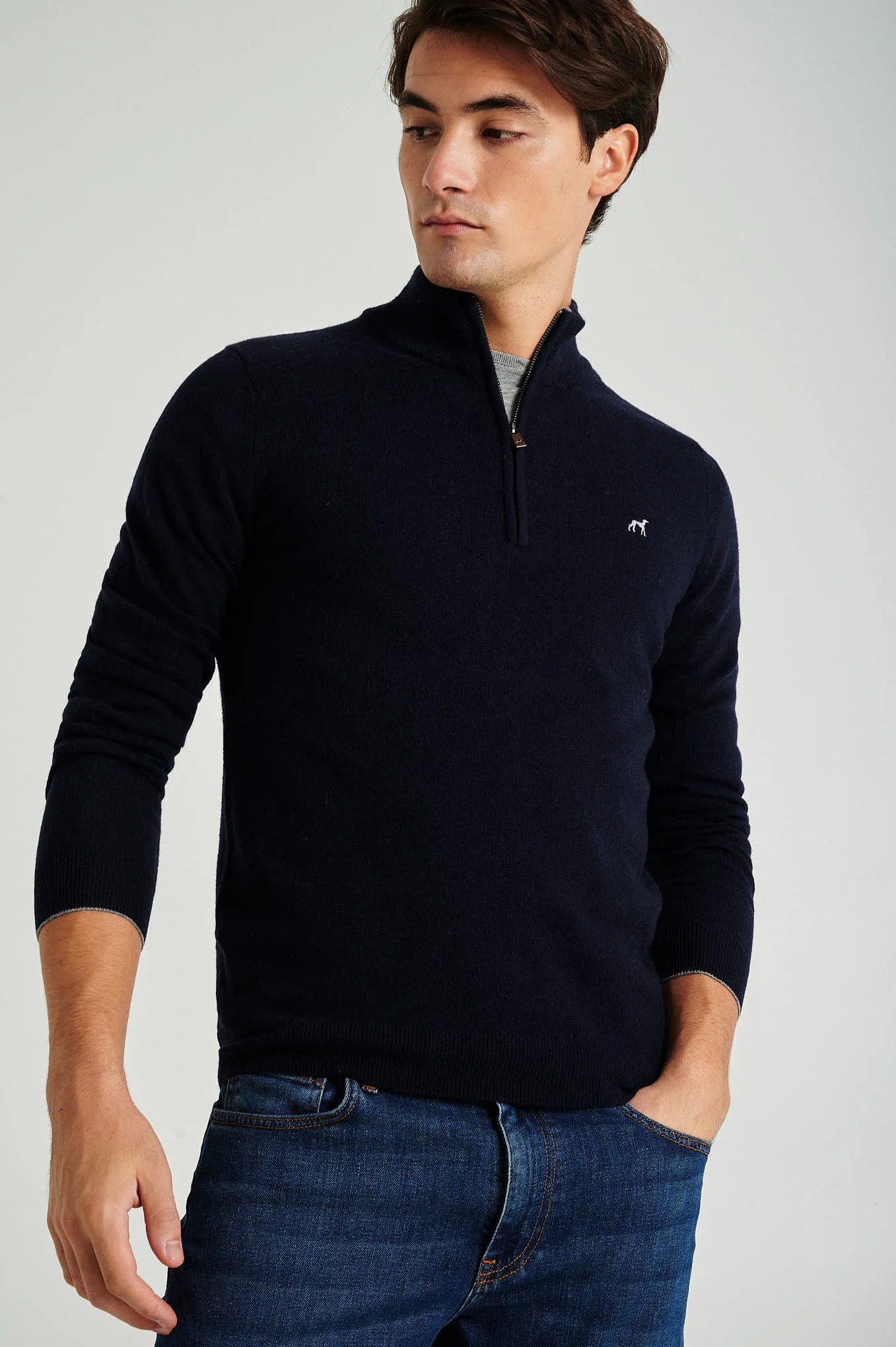 Men's lambswool blend high zip collar sweater