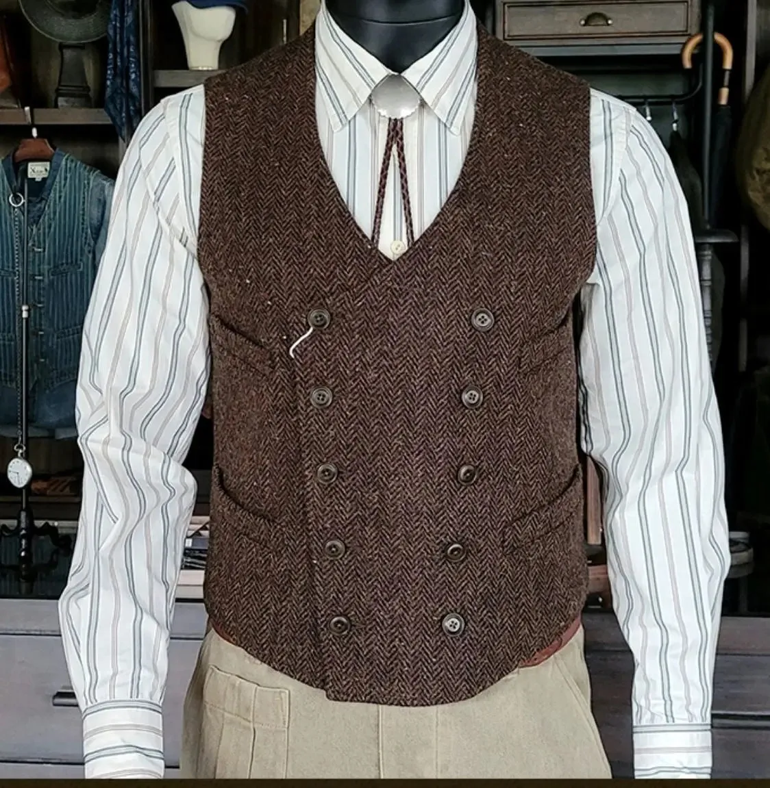 Men's Tweed Wool Vest - Double-Breasted Slim Fit - Red Brown - Classic Gentlemen Elegant Wear