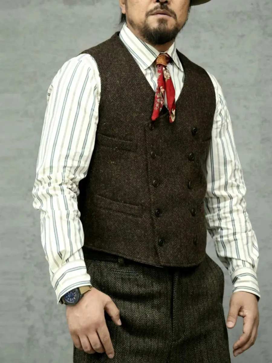 Men's Tweed Wool Vest - Double-Breasted Slim Fit - Red Brown - Classic Gentlemen Elegant Wear