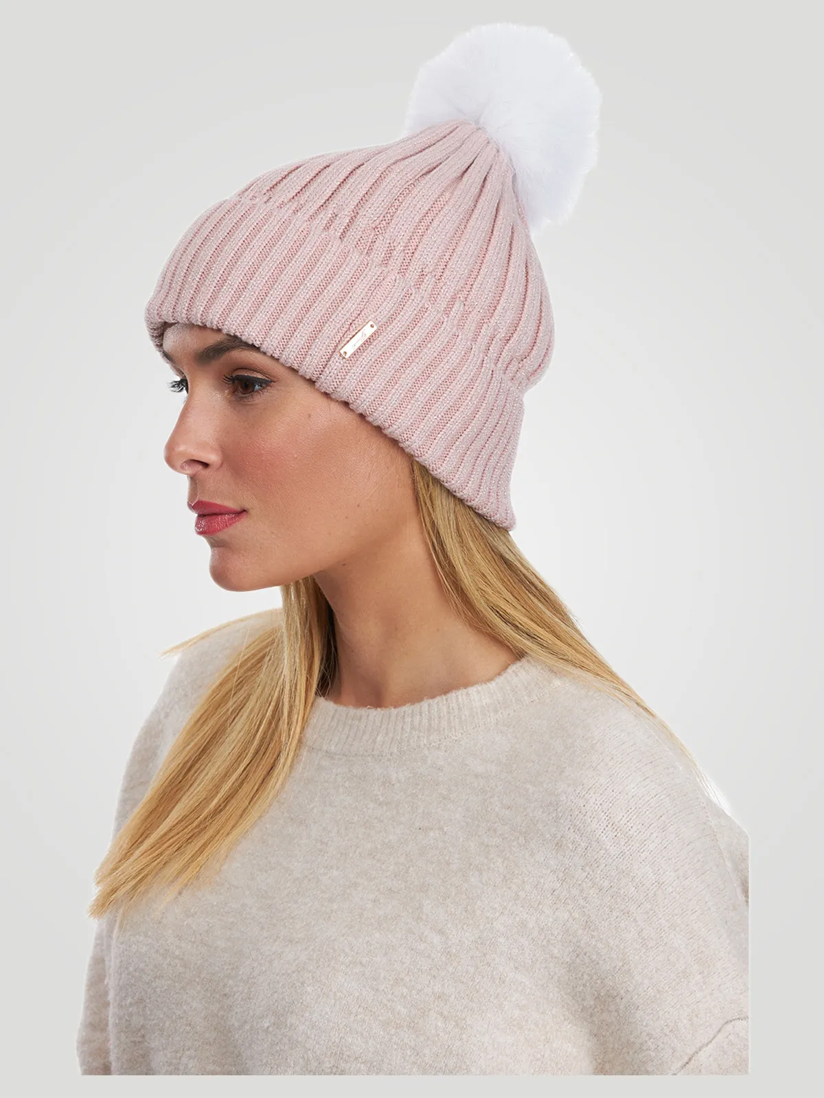 Metallic Wool Blend Hat with Fox Pompom