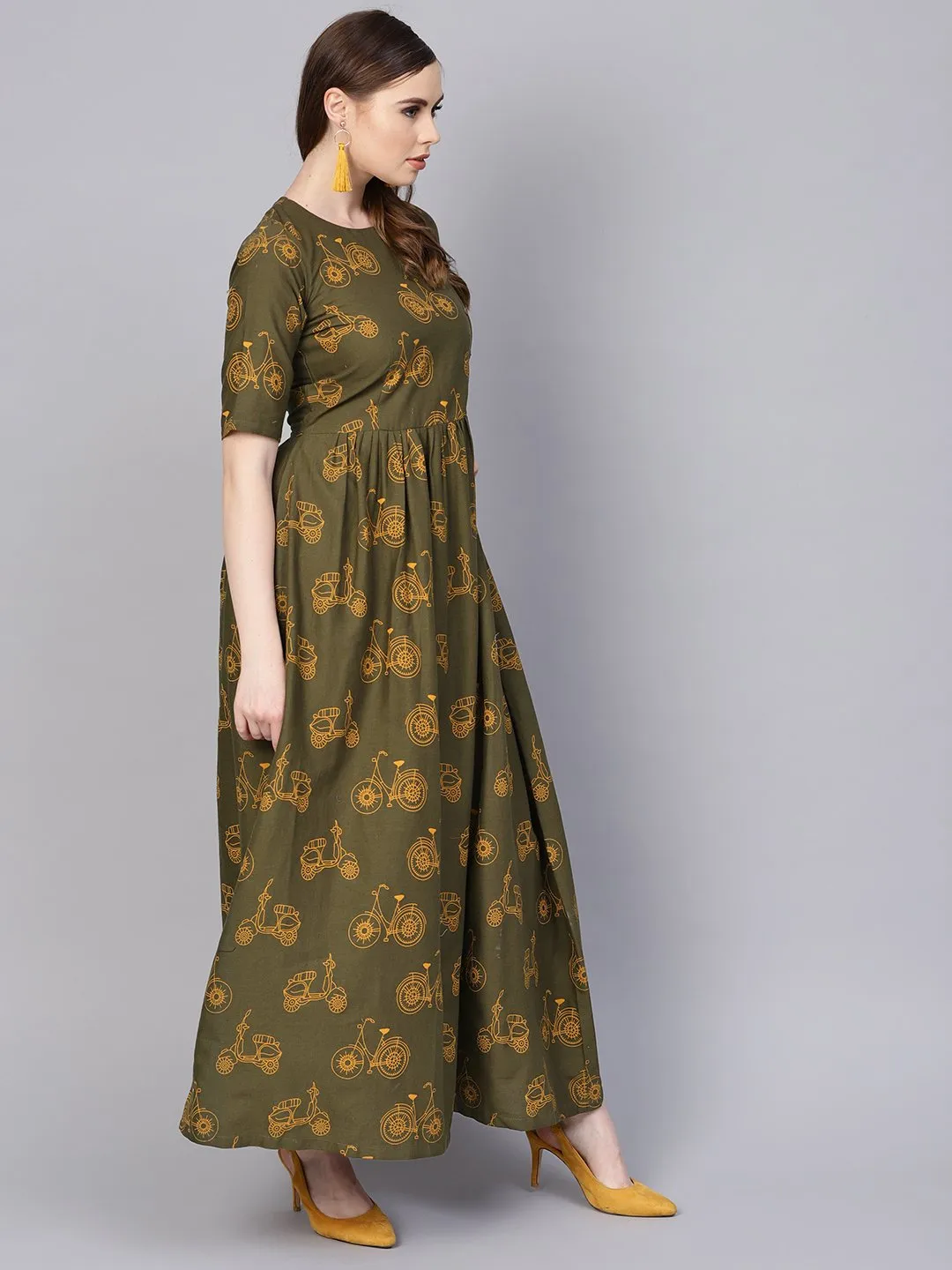 Military Green Printed Maxi Dress With Side Shoulder Placket With Half Sleeves