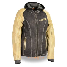 Milwaukee Leather MDL2005 Ladies Hooded Two Tone Black and Beige Denim and Leather Scuba Jacket