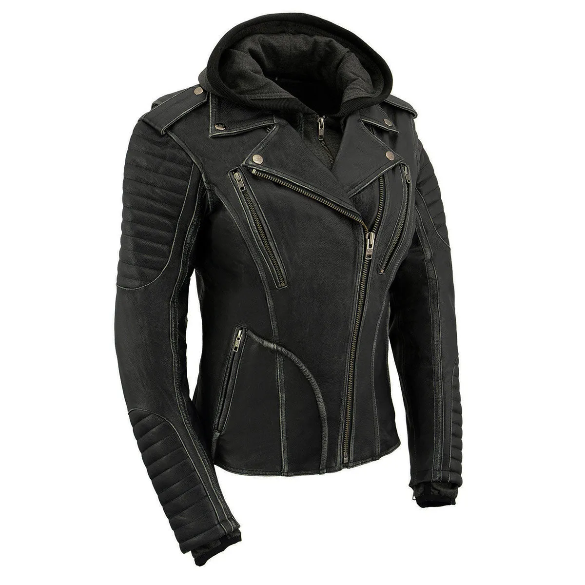 Milwaukee Leather MLL2516 Black Leather Rub-Off Leather Jacket with Hoodie for Women