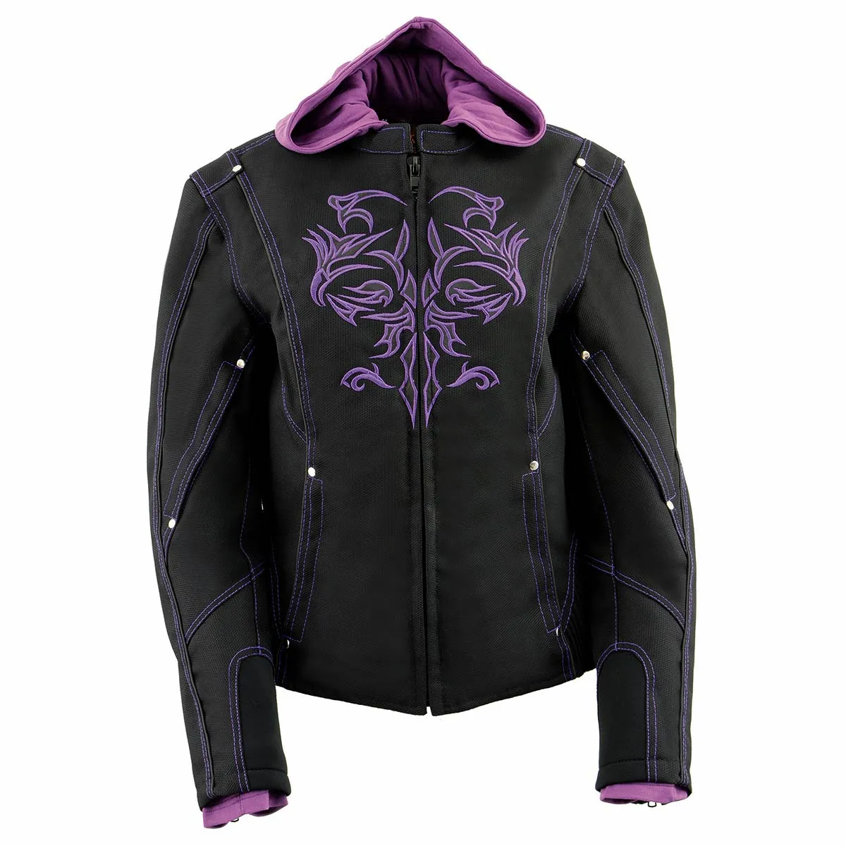 Milwaukee Leather MPL1967 Women's 3/4 Hooded Black and Purple Textile Jacket with Reflective Tribal Detail