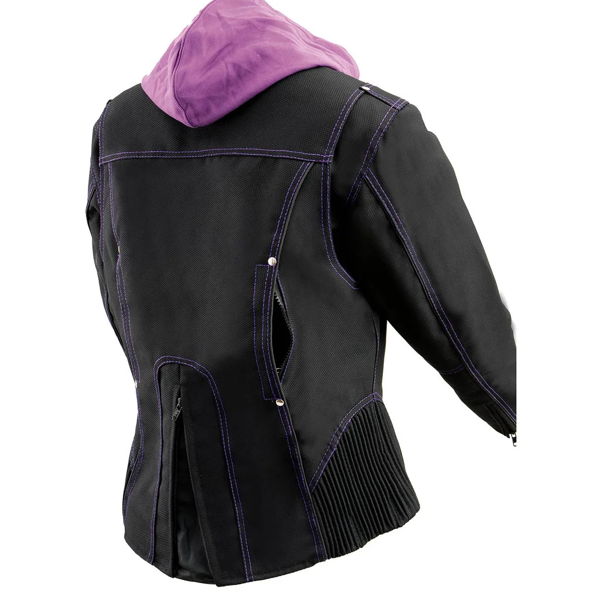 Milwaukee Leather MPL1967 Women's 3/4 Hooded Black and Purple Textile Jacket with Reflective Tribal Detail