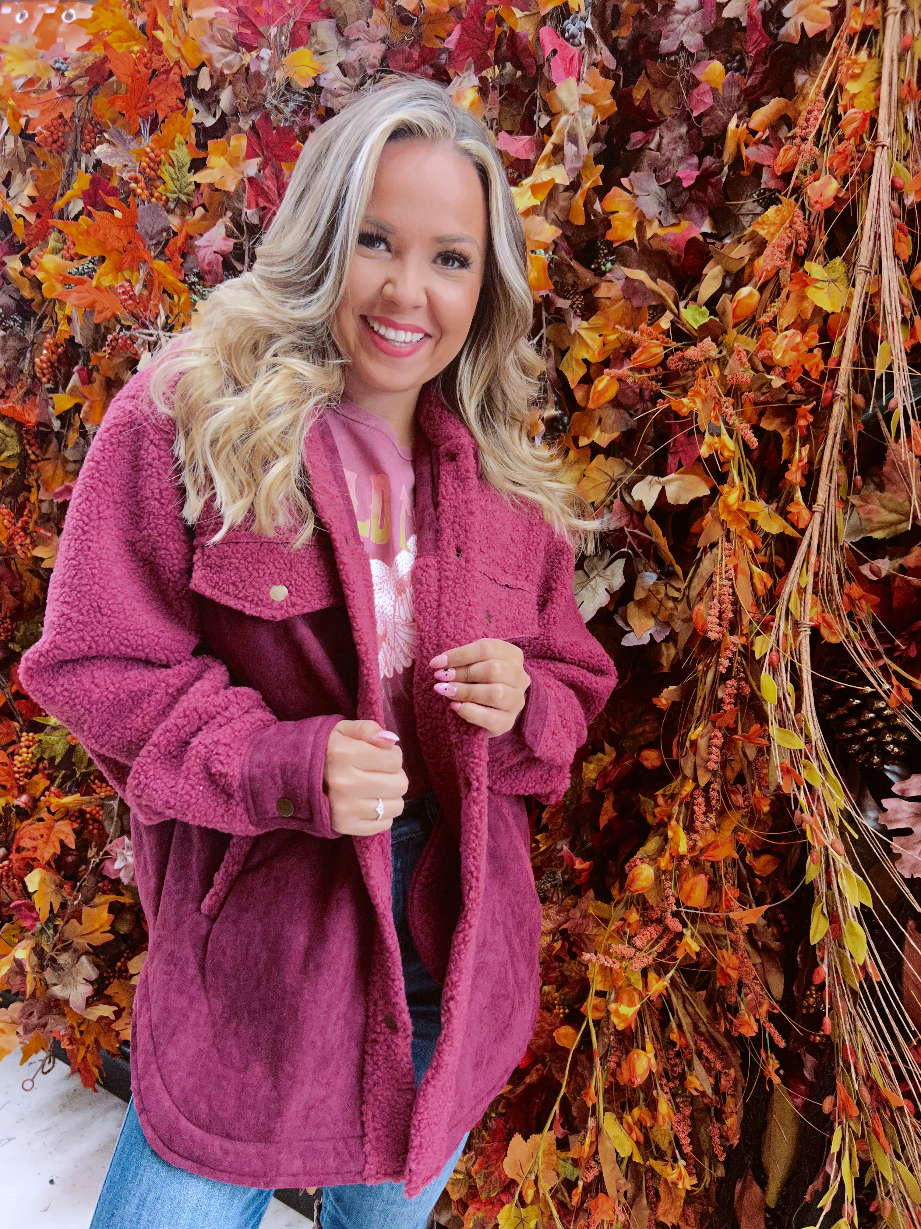 Minnesota Mix Sherpa and Faux Suede Shacket - Berry