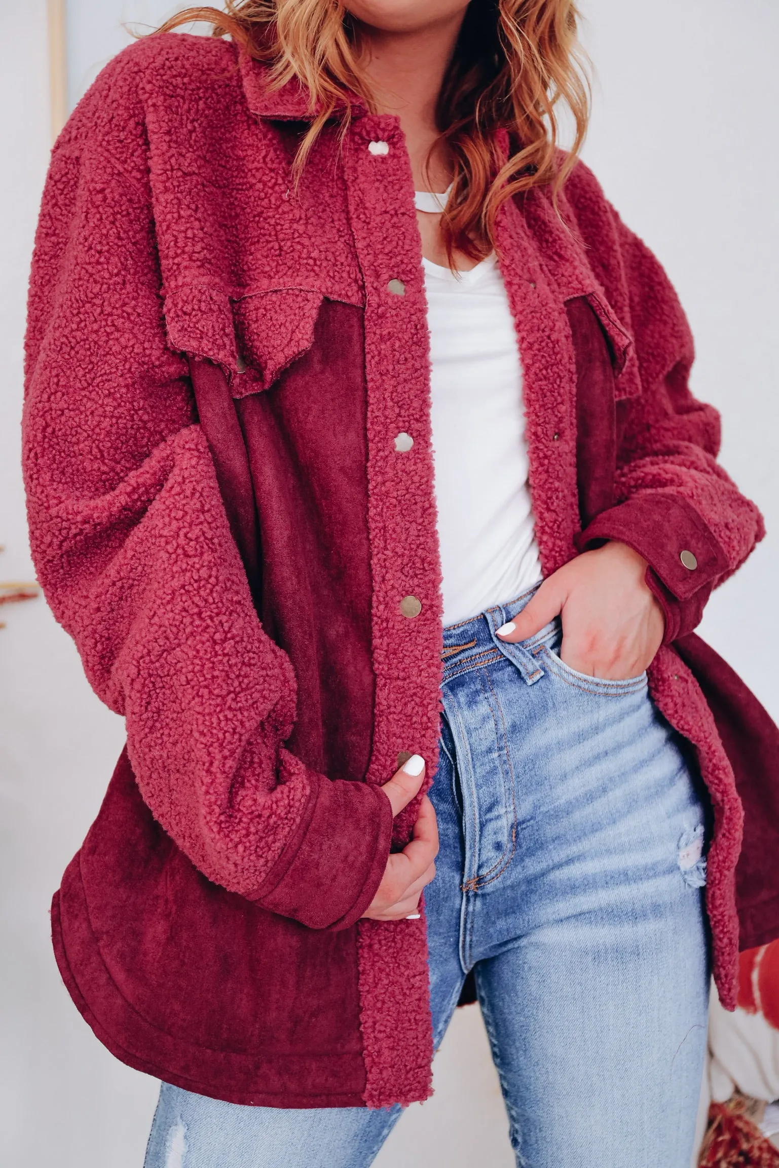 Minnesota Mix Sherpa and Faux Suede Shacket - Berry