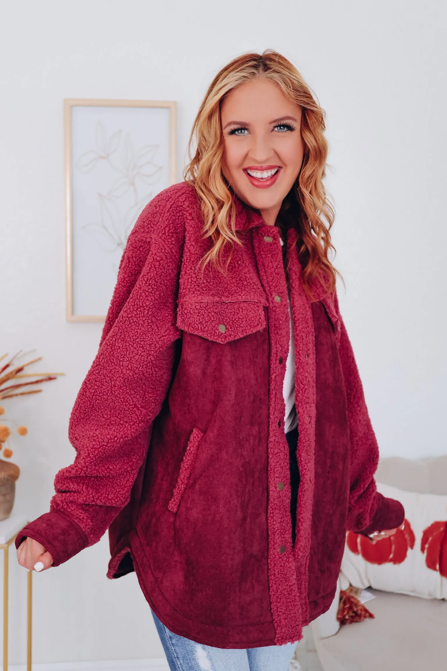 Minnesota Mix Sherpa and Faux Suede Shacket - Berry