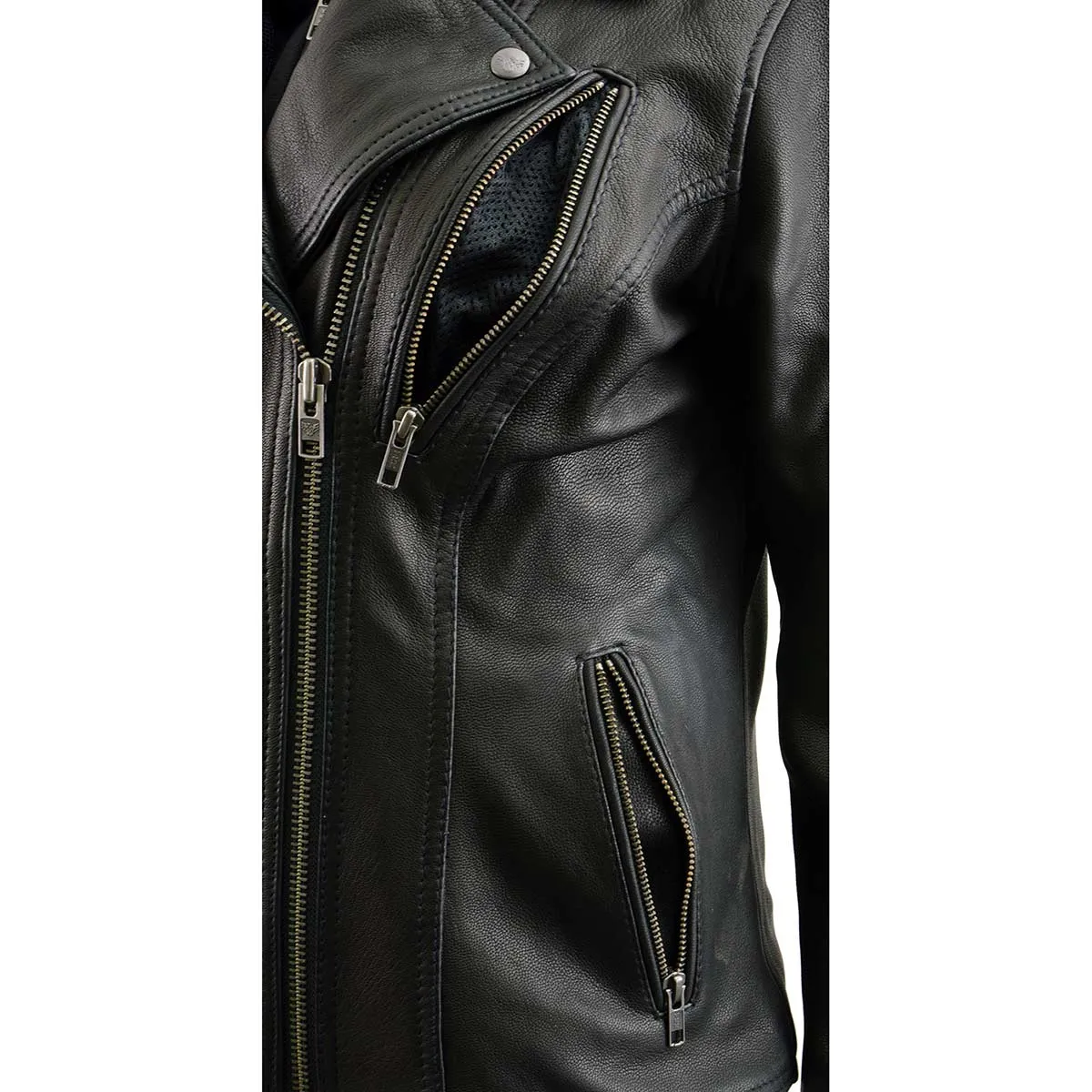 MLL2575 Women's Black Leather Vented Motorcycle Jacket w/ Removable Hoodie