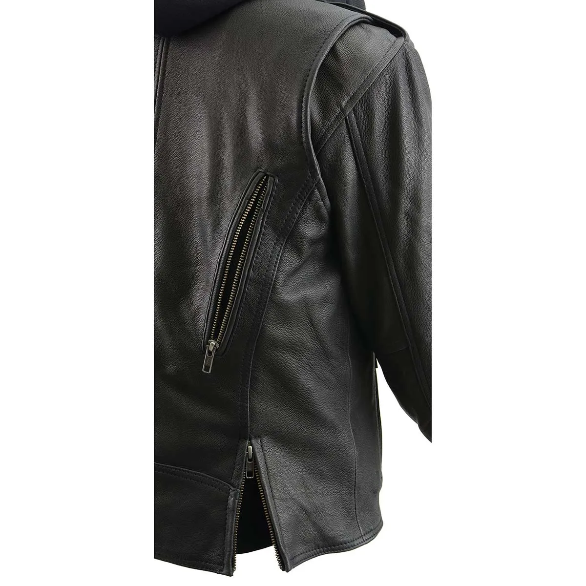 MLL2575 Women's Black Leather Vented Motorcycle Jacket w/ Removable Hoodie