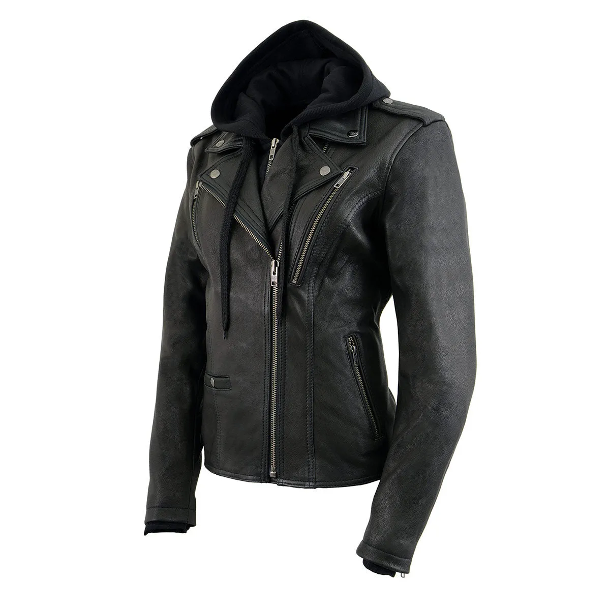 MLL2575 Women's Black Leather Vented Motorcycle Jacket w/ Removable Hoodie