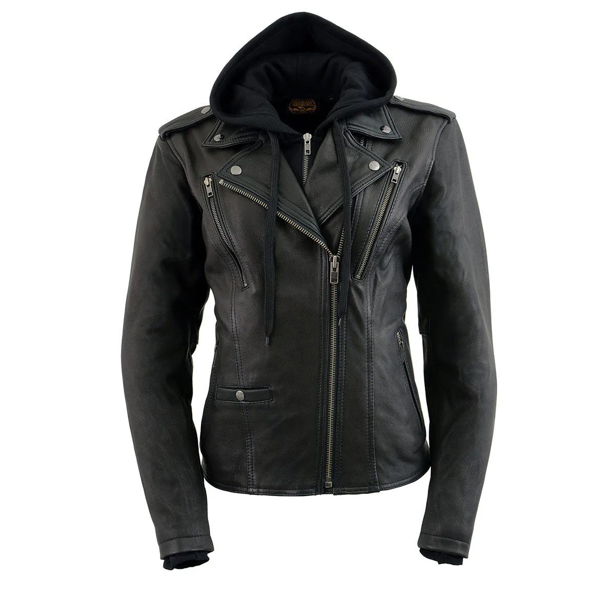 MLL2575 Women's Black Leather Vented Motorcycle Jacket w/ Removable Hoodie