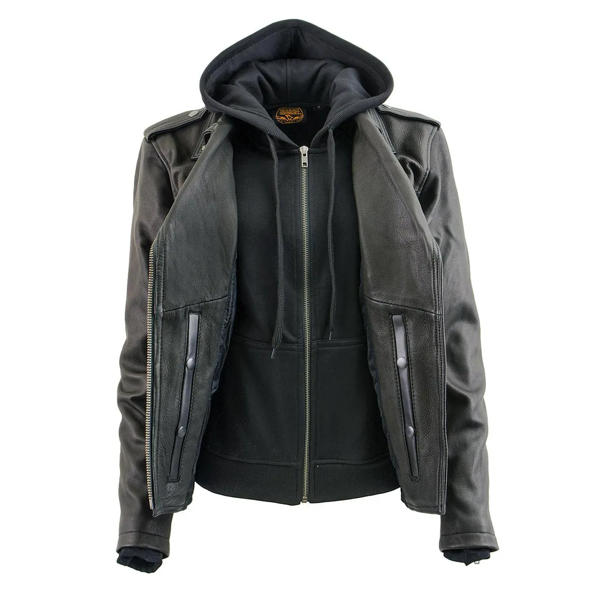 MLL2575 Women's Black Leather Vented Motorcycle Jacket w/ Removable Hoodie