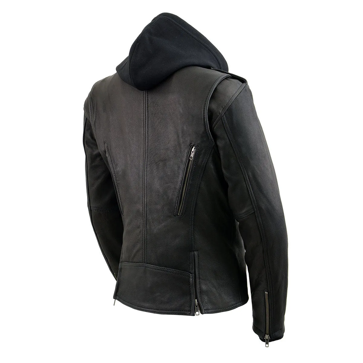 MLL2575 Women's Black Leather Vented Motorcycle Jacket w/ Removable Hoodie