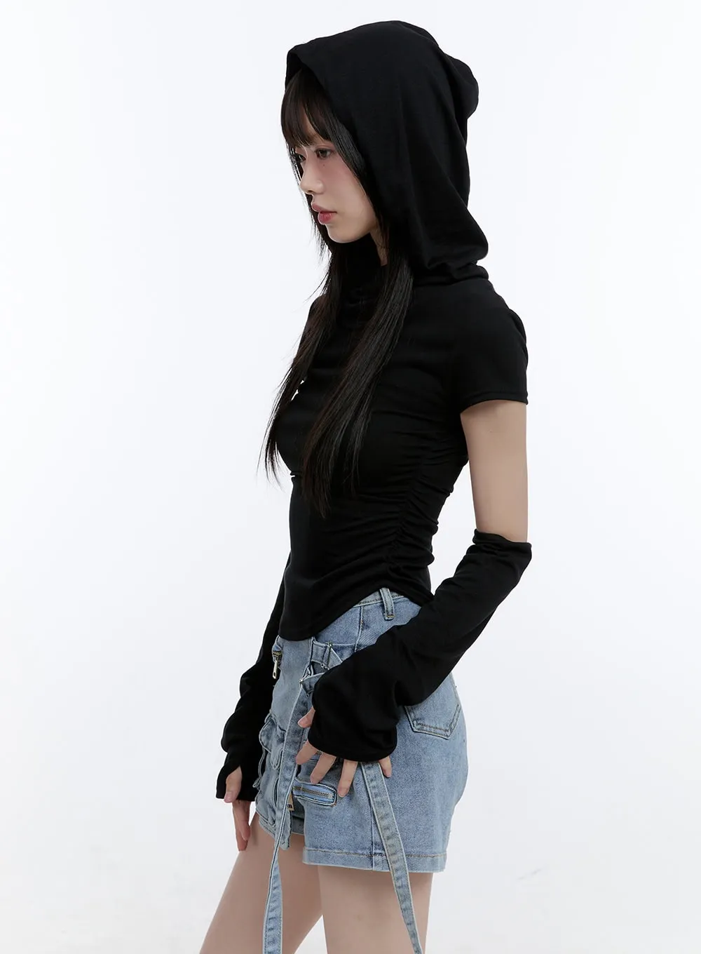 Mock Neck Crop Hoodie Top with Arm Warmers CG413