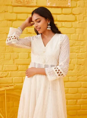 Mulmul Organza Ilaa Off White Anarkali Kurta With Mulmul Cotton Ilaa Off White Pant