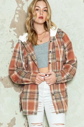 Multicolor Plaid Puff Sleeve Hooded Shacket