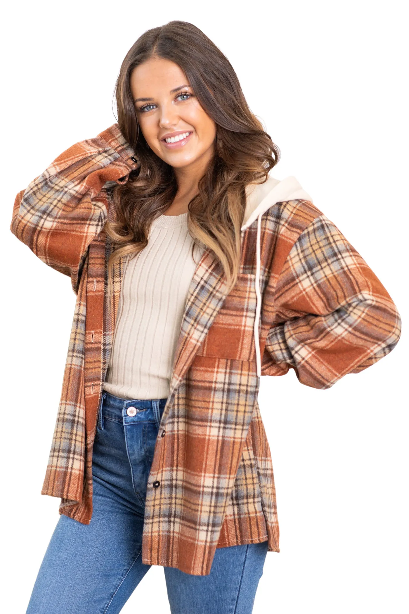 Multicolor Plaid Puff Sleeve Hooded Shacket