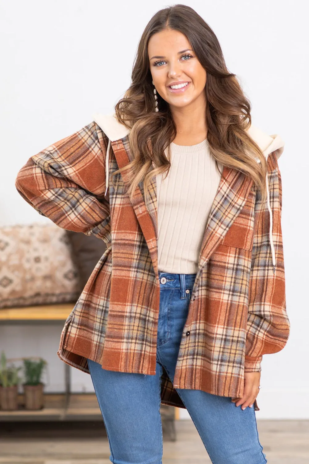 Multicolor Plaid Puff Sleeve Hooded Shacket