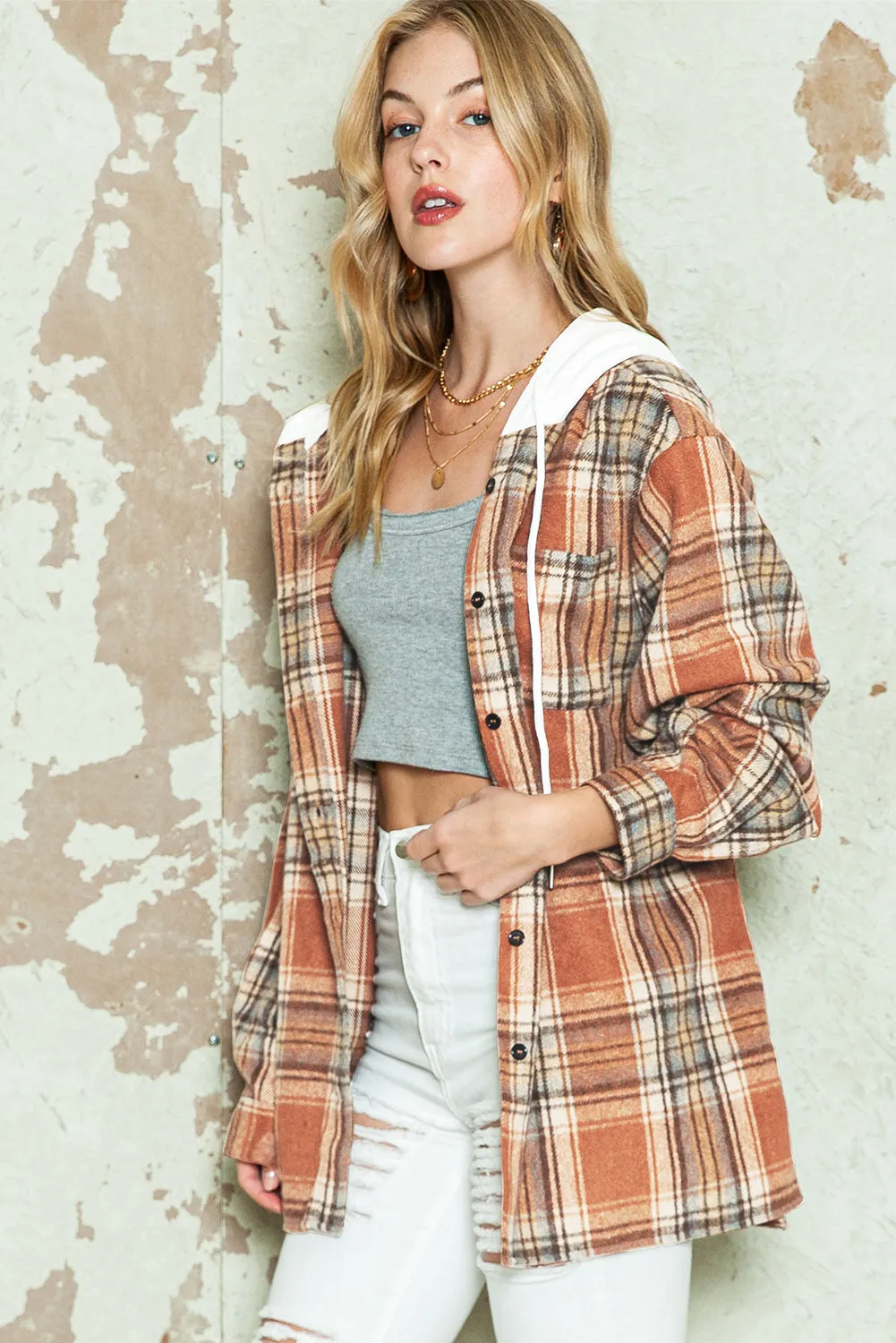 Multicolor Plaid Puff Sleeve Hooded Shacket