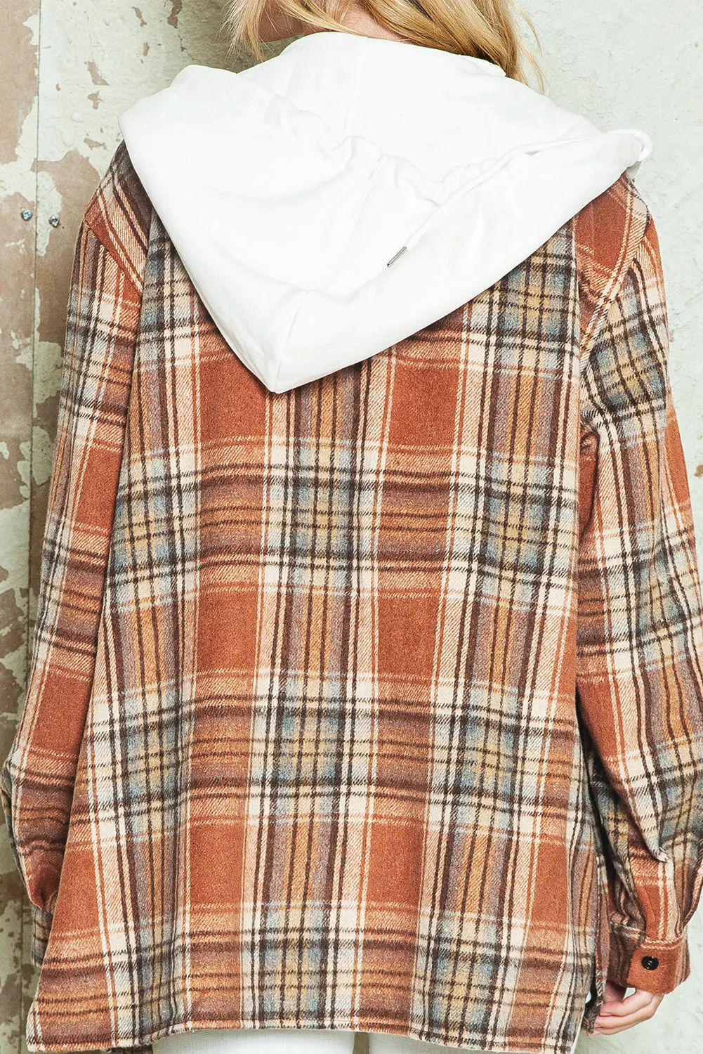 Multicolor Plaid Puff Sleeve Hooded Shacket