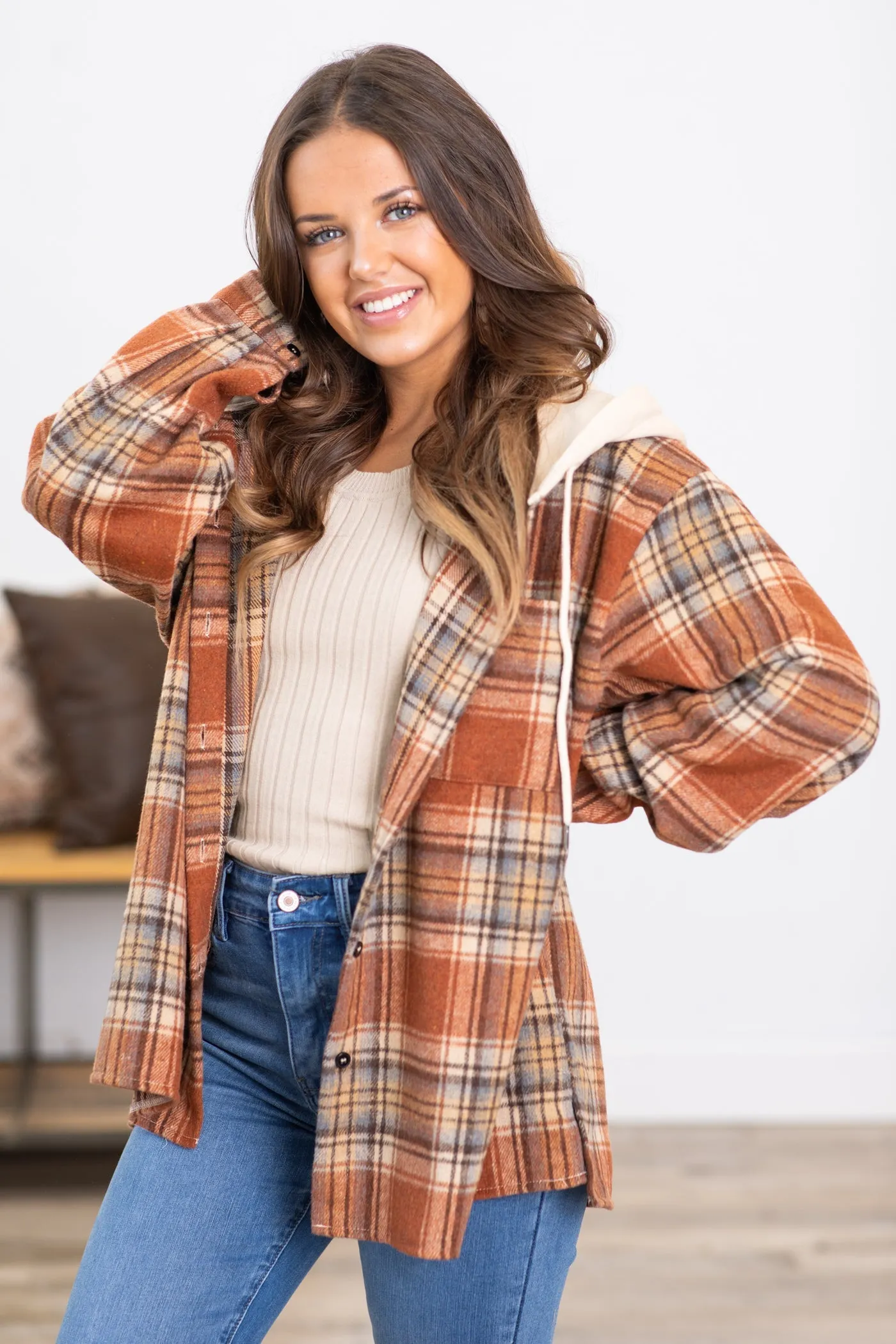 Multicolor Plaid Puff Sleeve Hooded Shacket