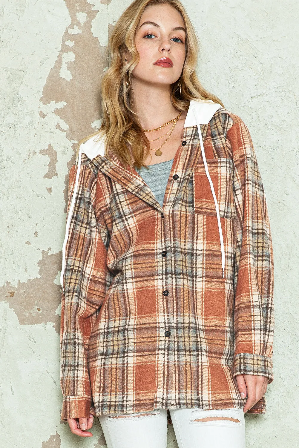 Multicolor Plaid Puff Sleeve Hooded Shacket