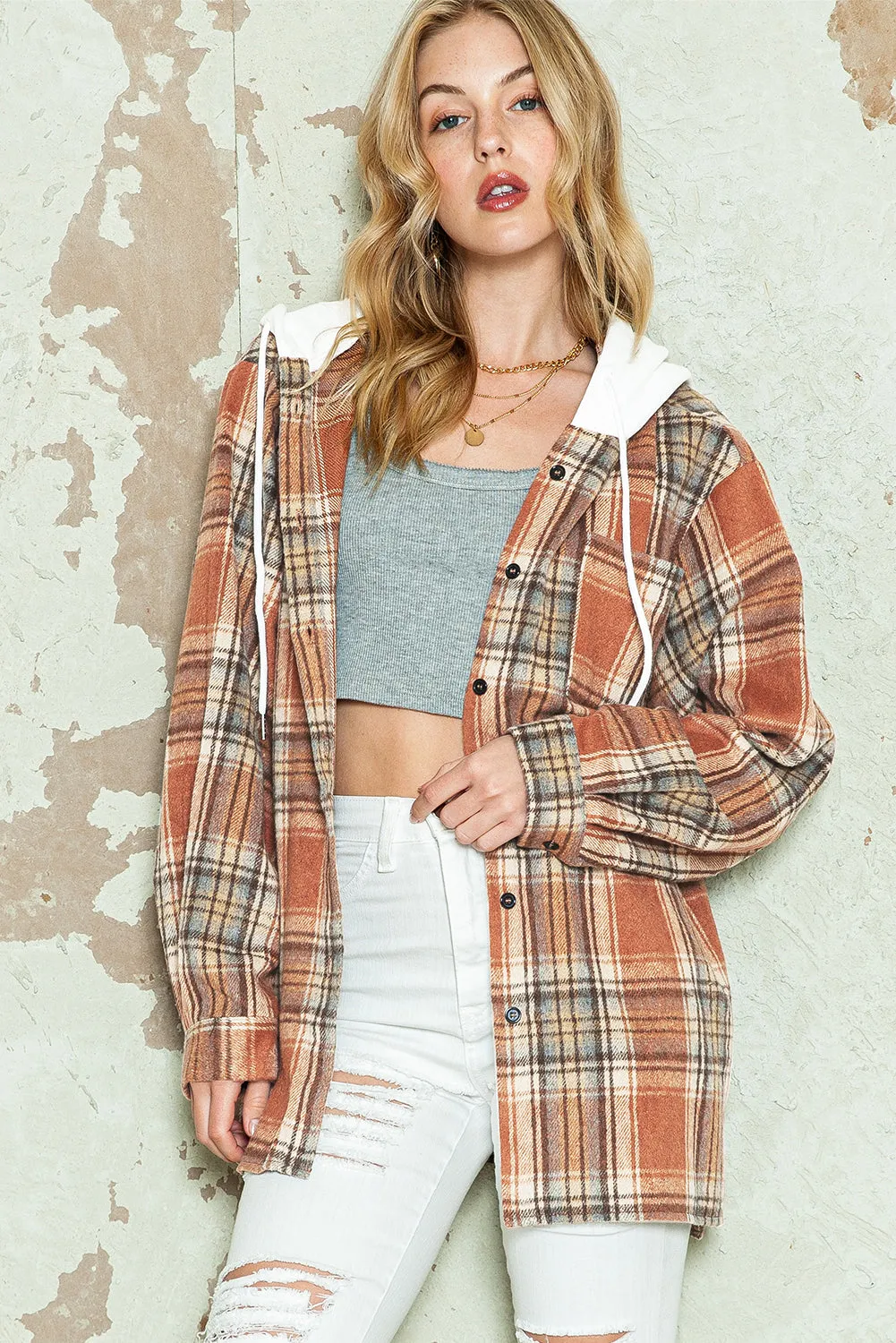 Multicolor Plaid Puff Sleeve Hooded Shacket