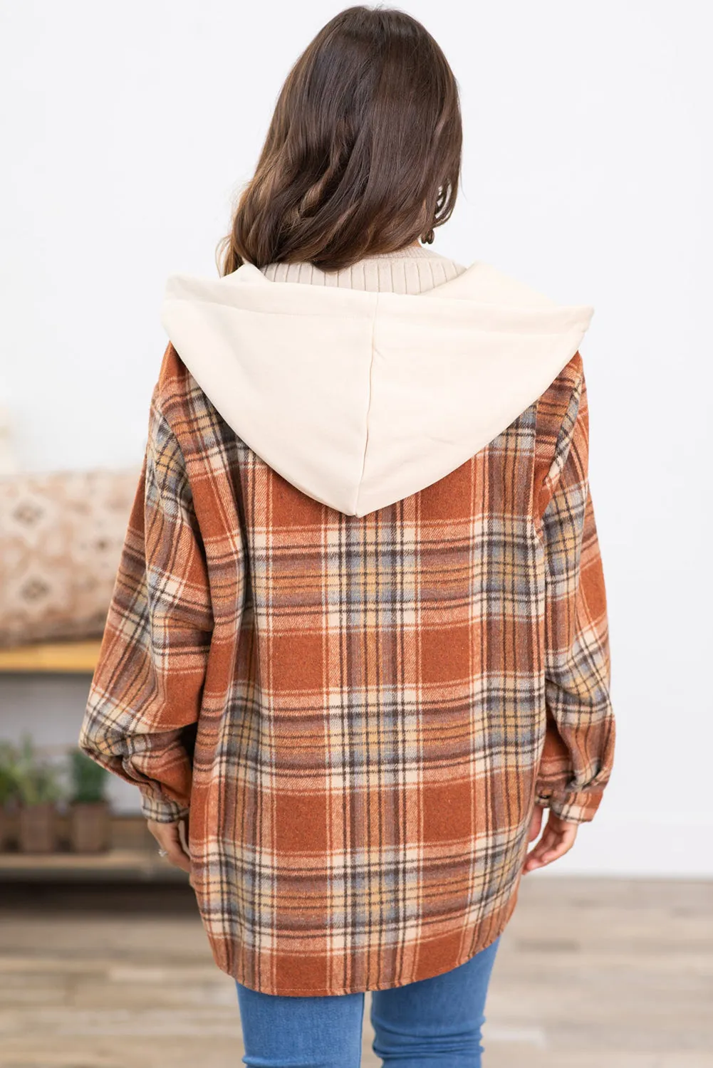 Multicolor Plaid Puff Sleeve Hooded Shacket