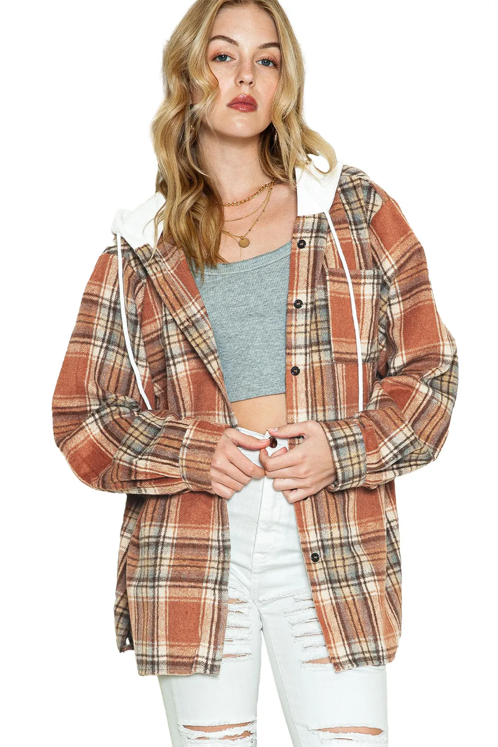 Multicolor Plaid Puff Sleeve Hooded Shacket