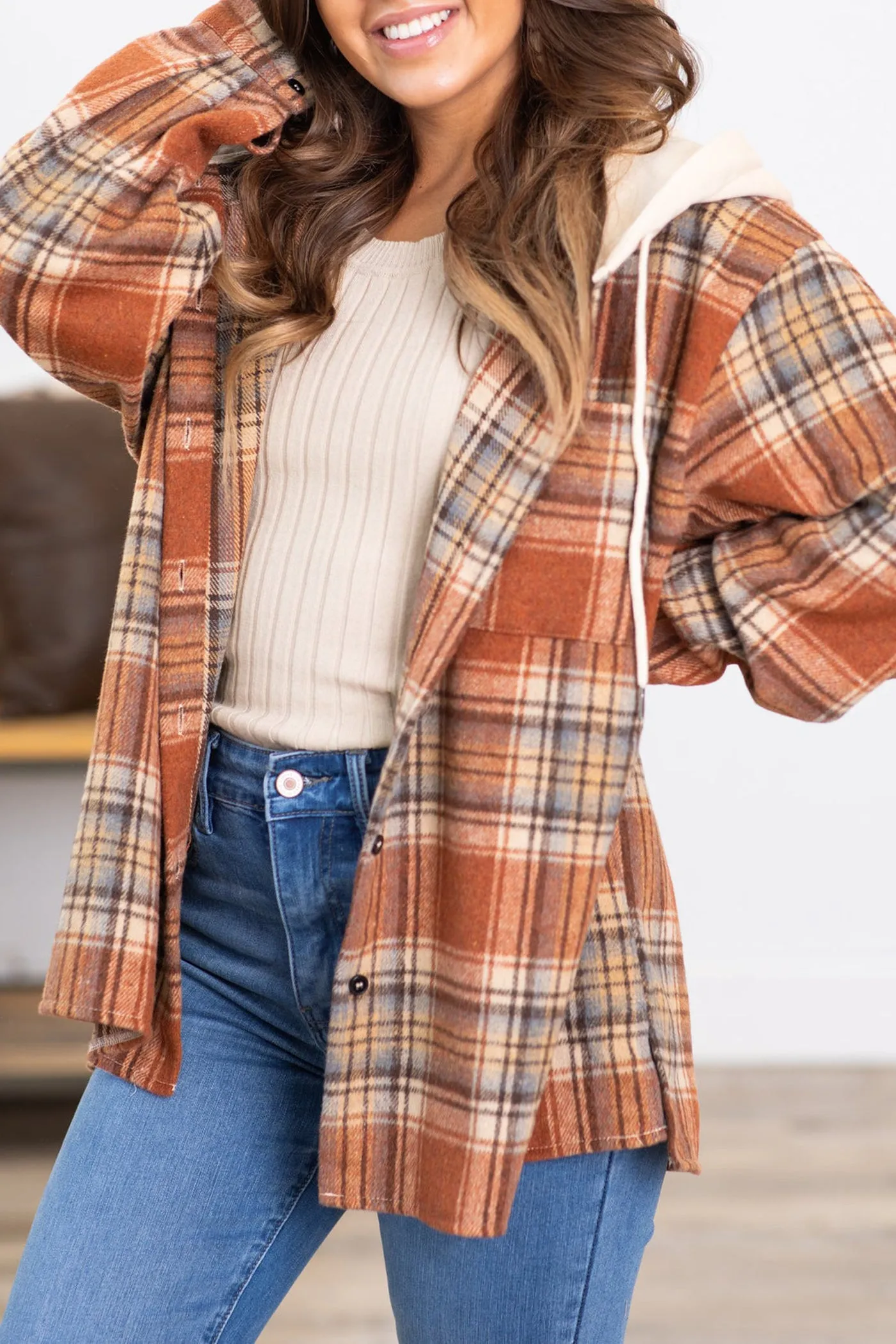 Multicolor Plaid Puff Sleeve Hooded Shacket