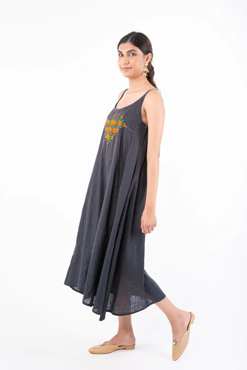 Naman Charcoal Soof Hand Embroidered Midi Dress