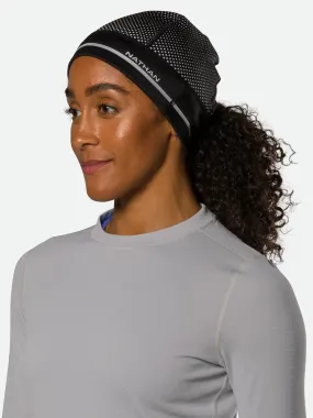 Nathan | HyperNight Reflective Ponytail Beanie | Black/Geo Print