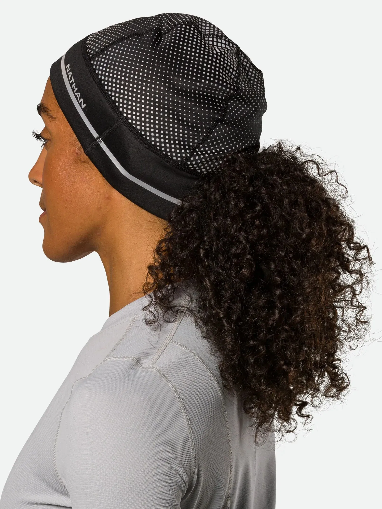 Nathan | HyperNight Reflective Ponytail Beanie | Black/Geo Print