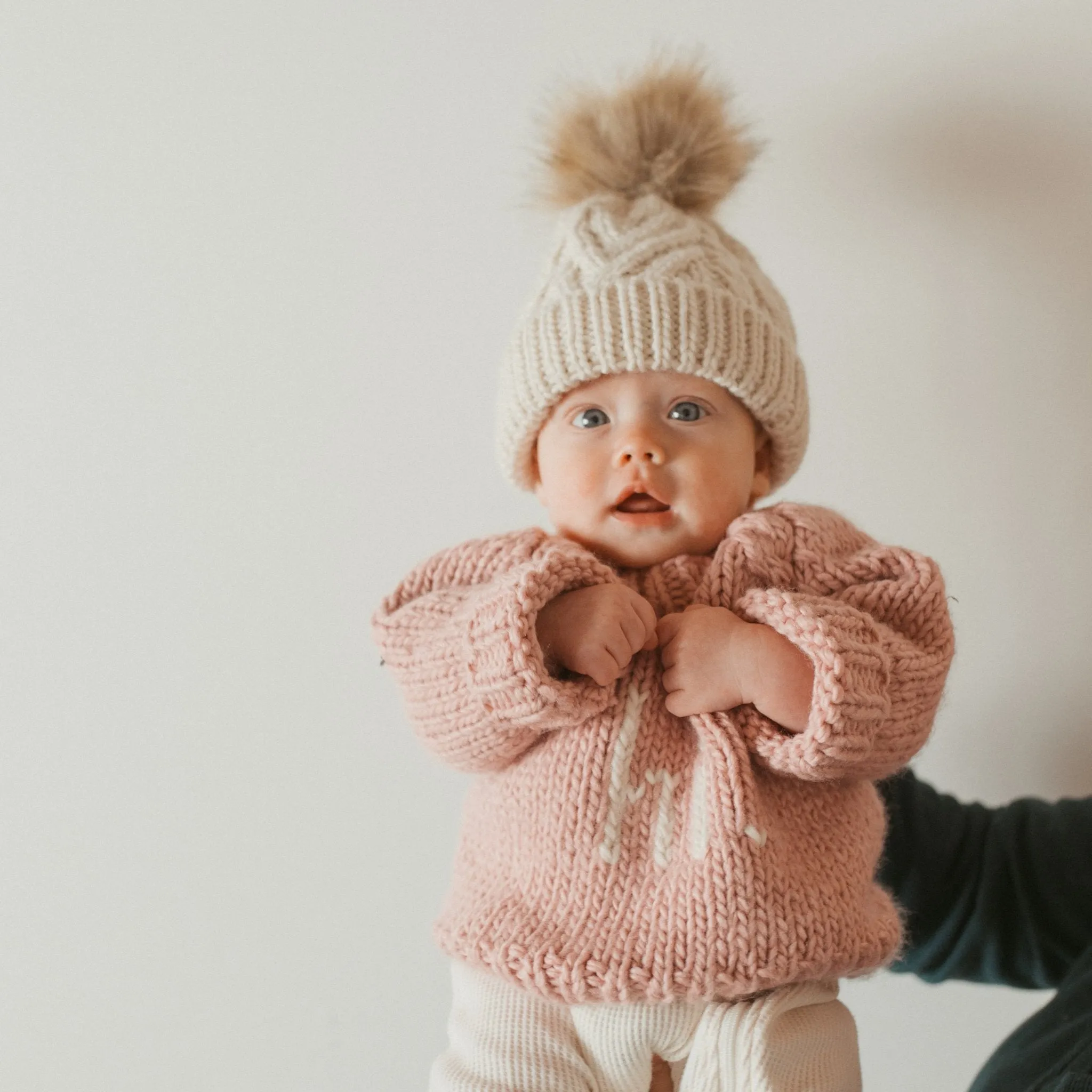 Natural Pop Pom Pom Beanie Hat for Babies thru Adults