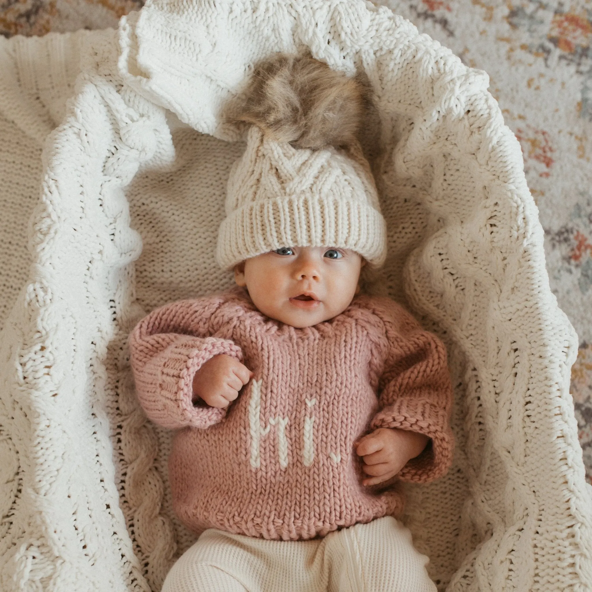 Natural Pop Pom Pom Beanie Hat for Babies thru Adults