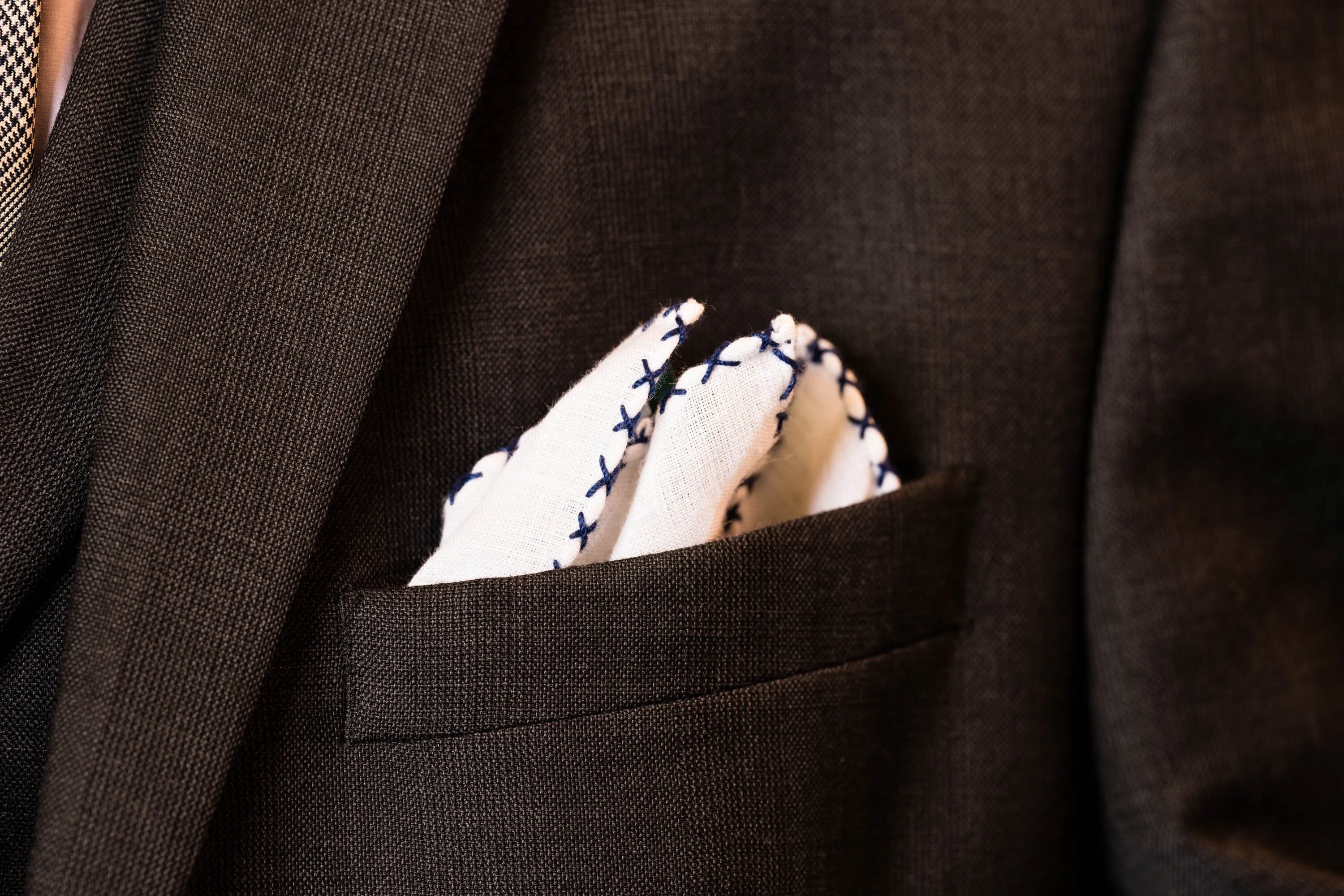 Navy Blue X-Stitch Edge White Linen Pocket Square