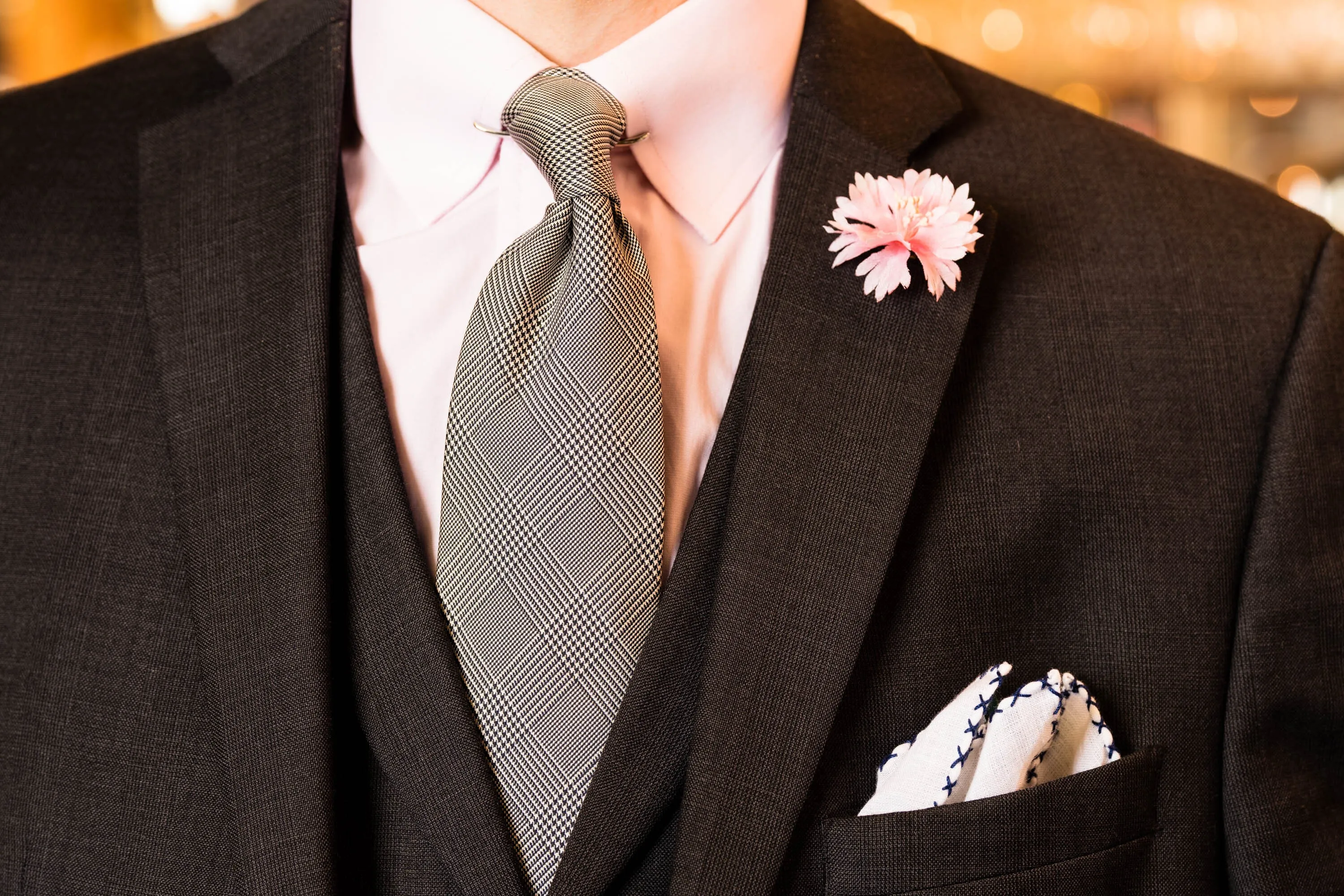 Navy Blue X-Stitch Edge White Linen Pocket Square