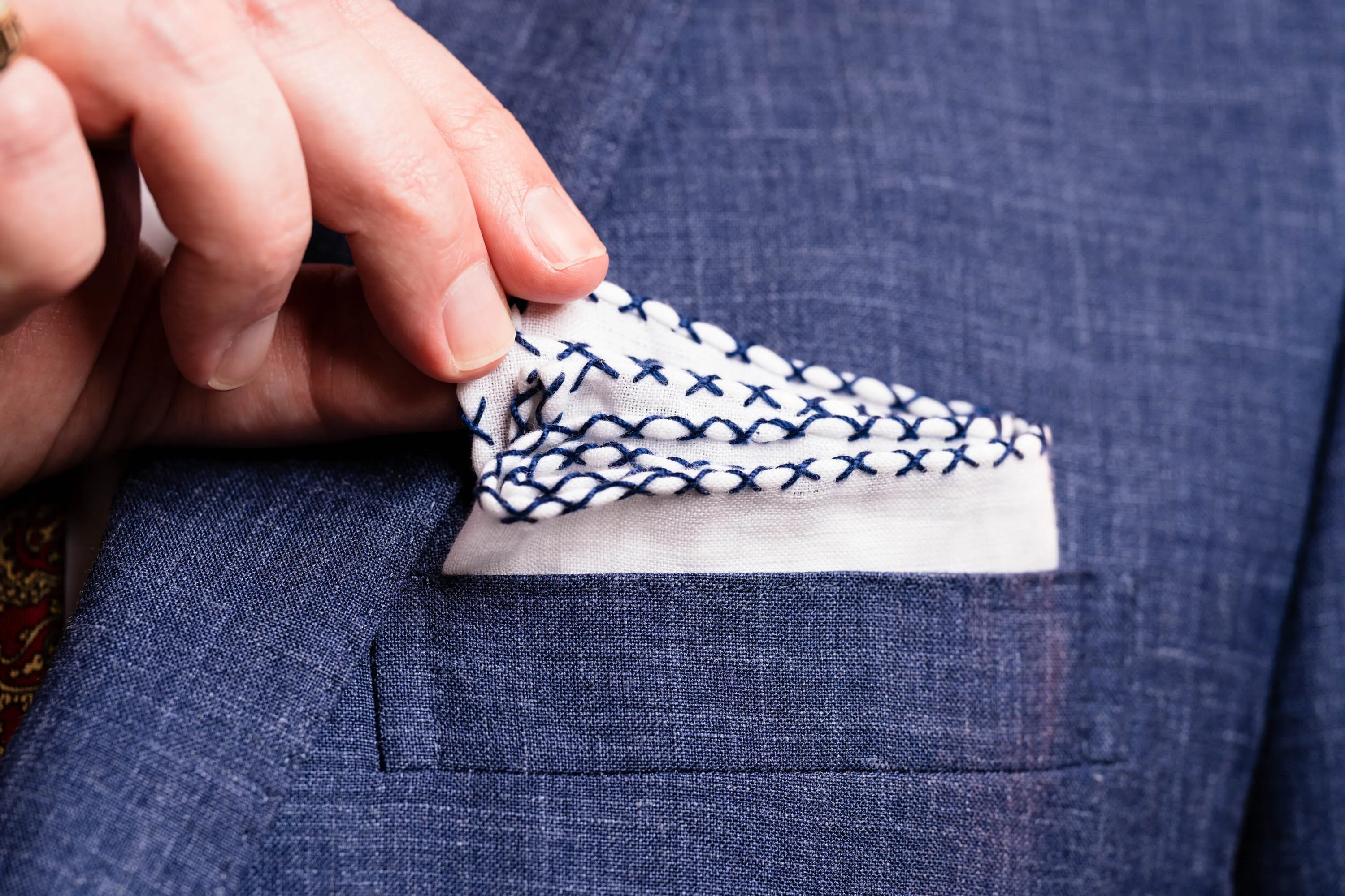 Navy Blue X-Stitch Edge White Linen Pocket Square