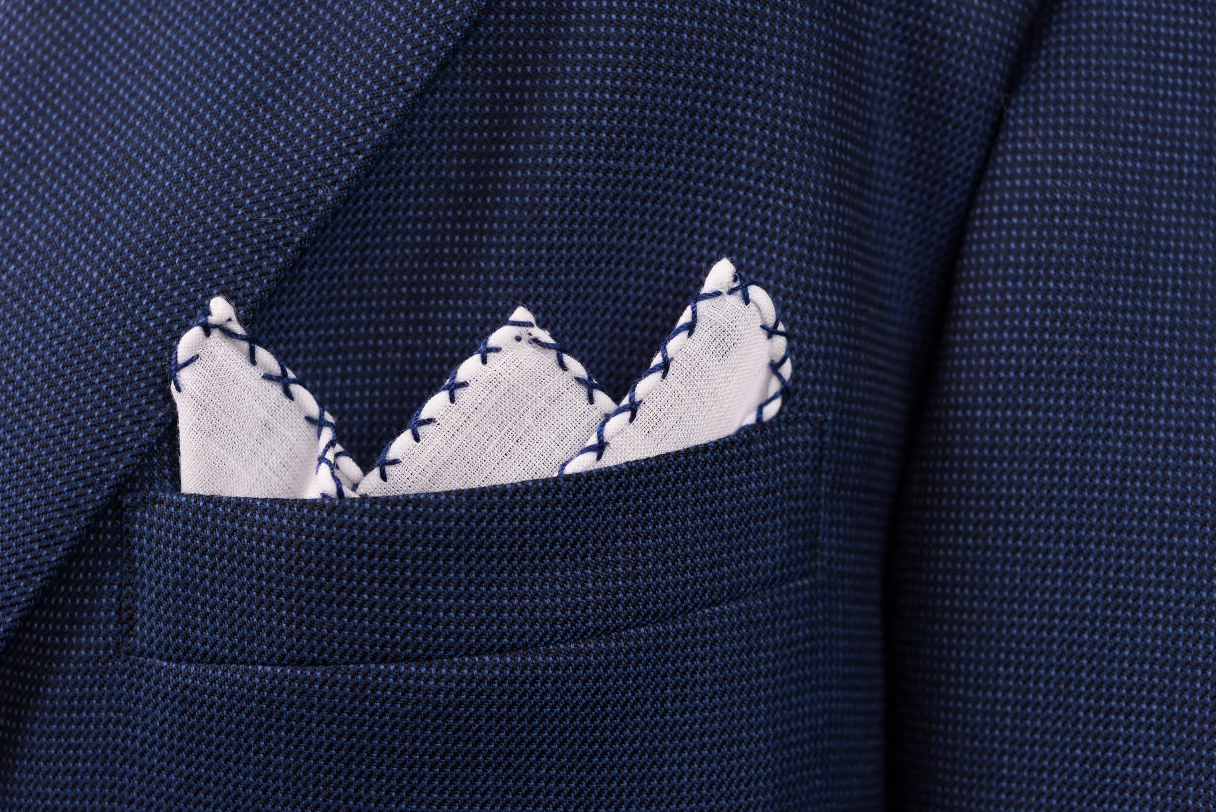 Navy Blue X-Stitch Edge White Linen Pocket Square