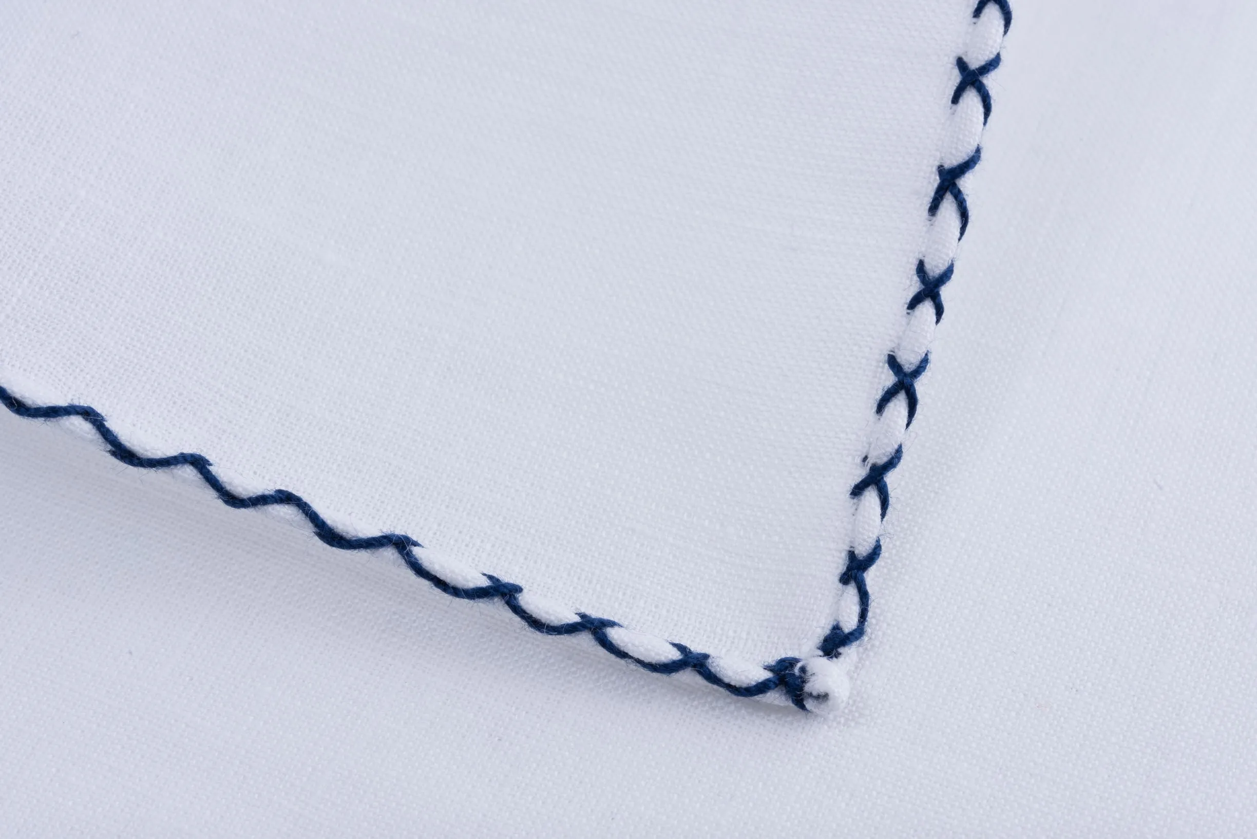 Navy Blue X-Stitch Edge White Linen Pocket Square