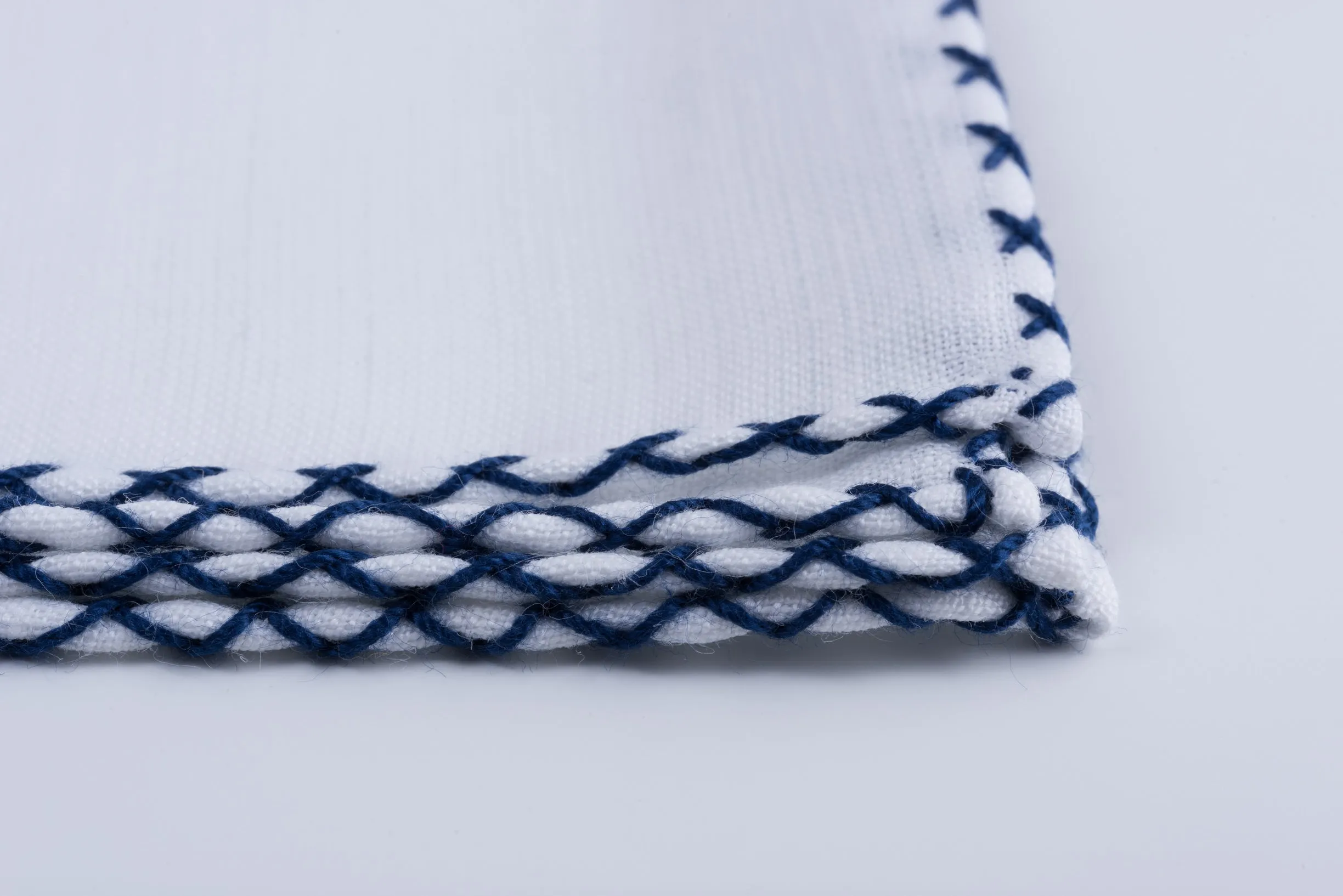 Navy Blue X-Stitch Edge White Linen Pocket Square