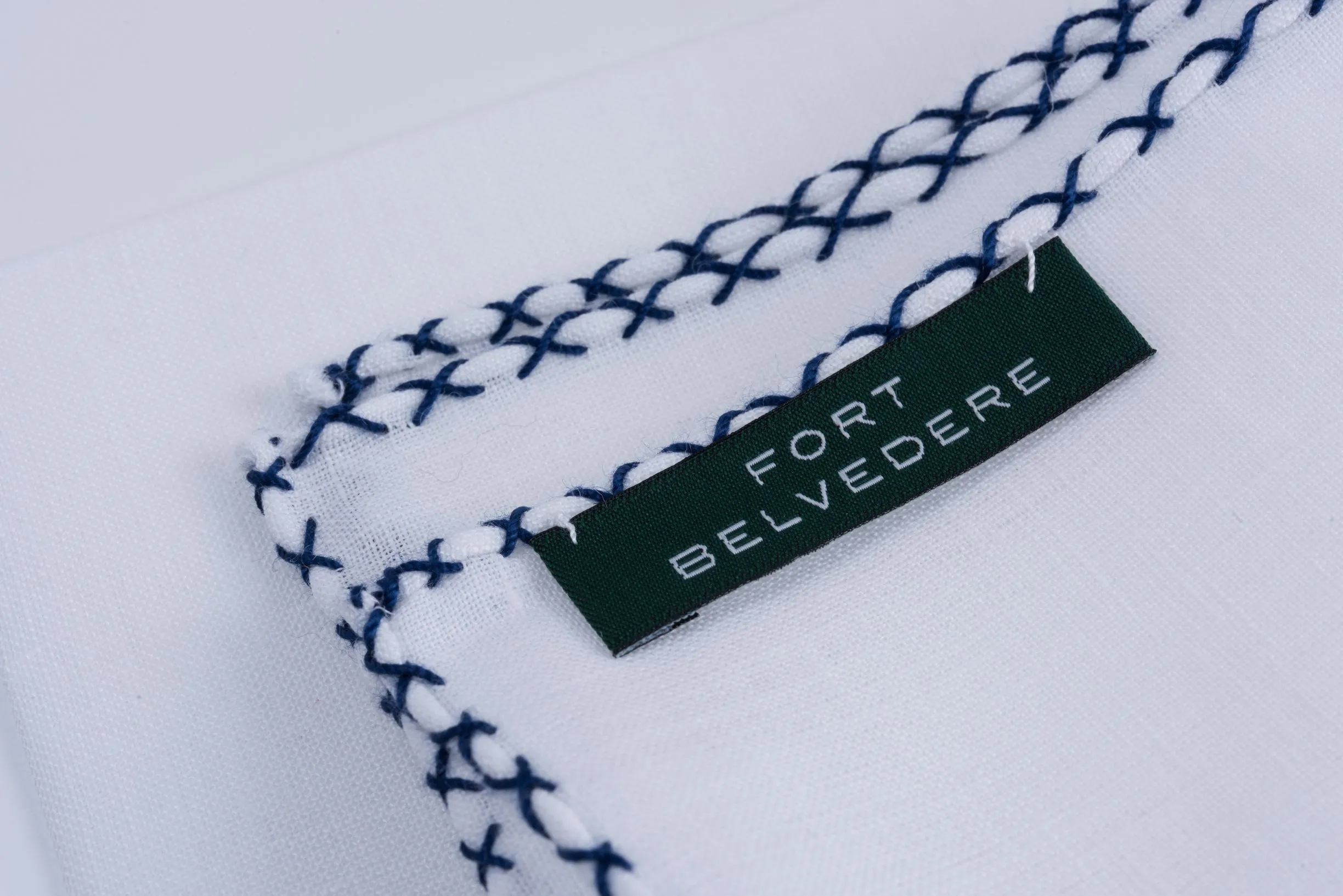 Navy Blue X-Stitch Edge White Linen Pocket Square