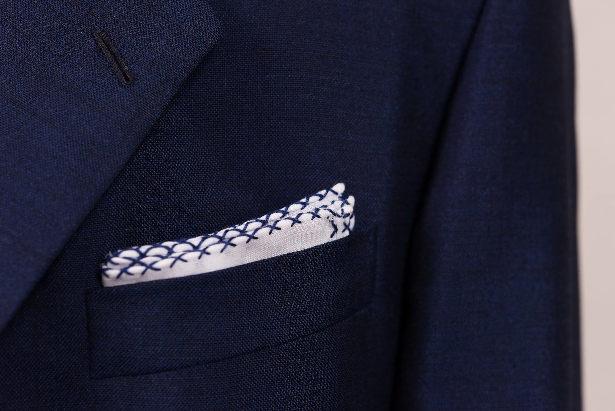 Navy Blue X-Stitch Edge White Linen Pocket Square