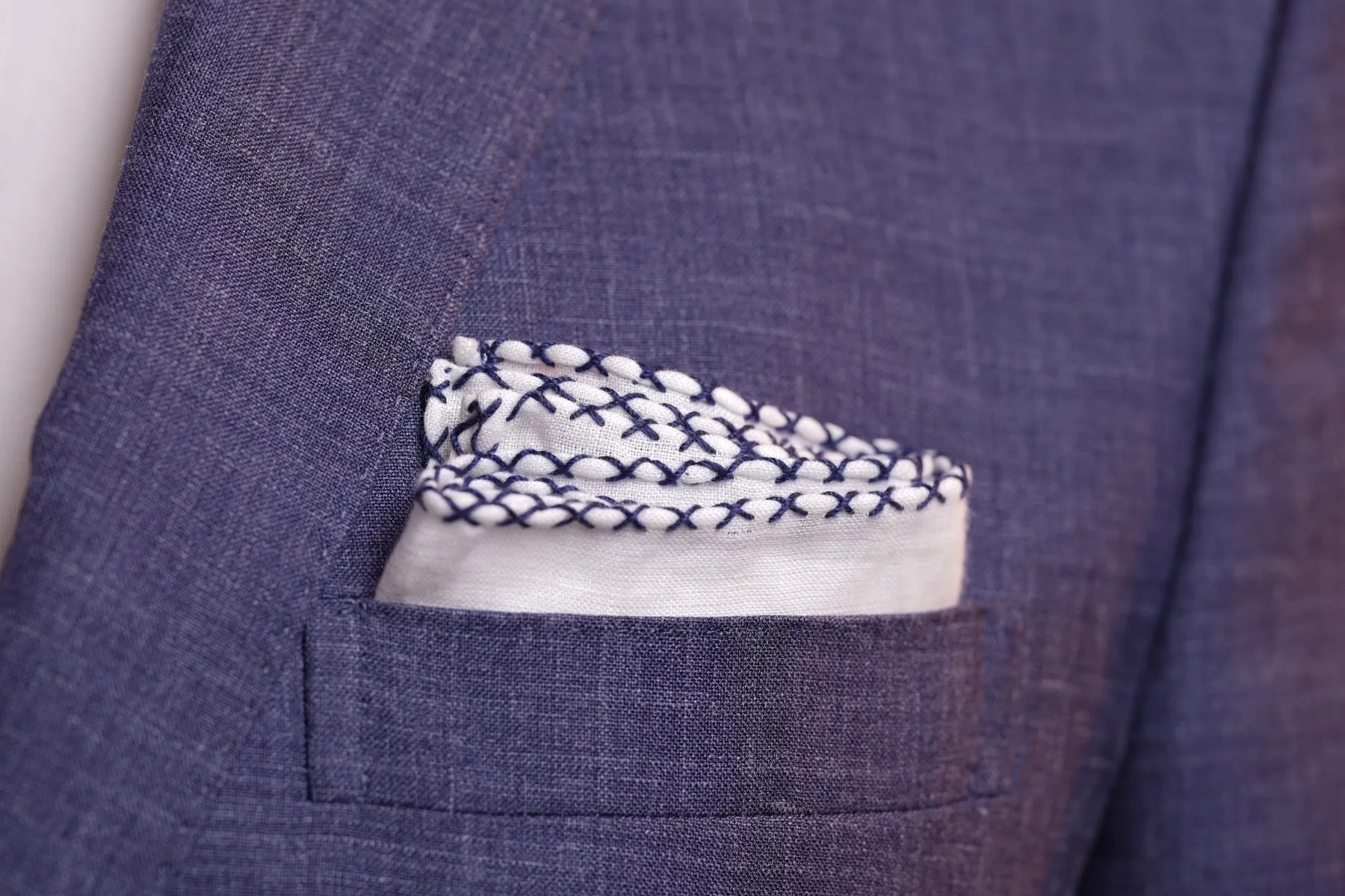 Navy Blue X-Stitch Edge White Linen Pocket Square