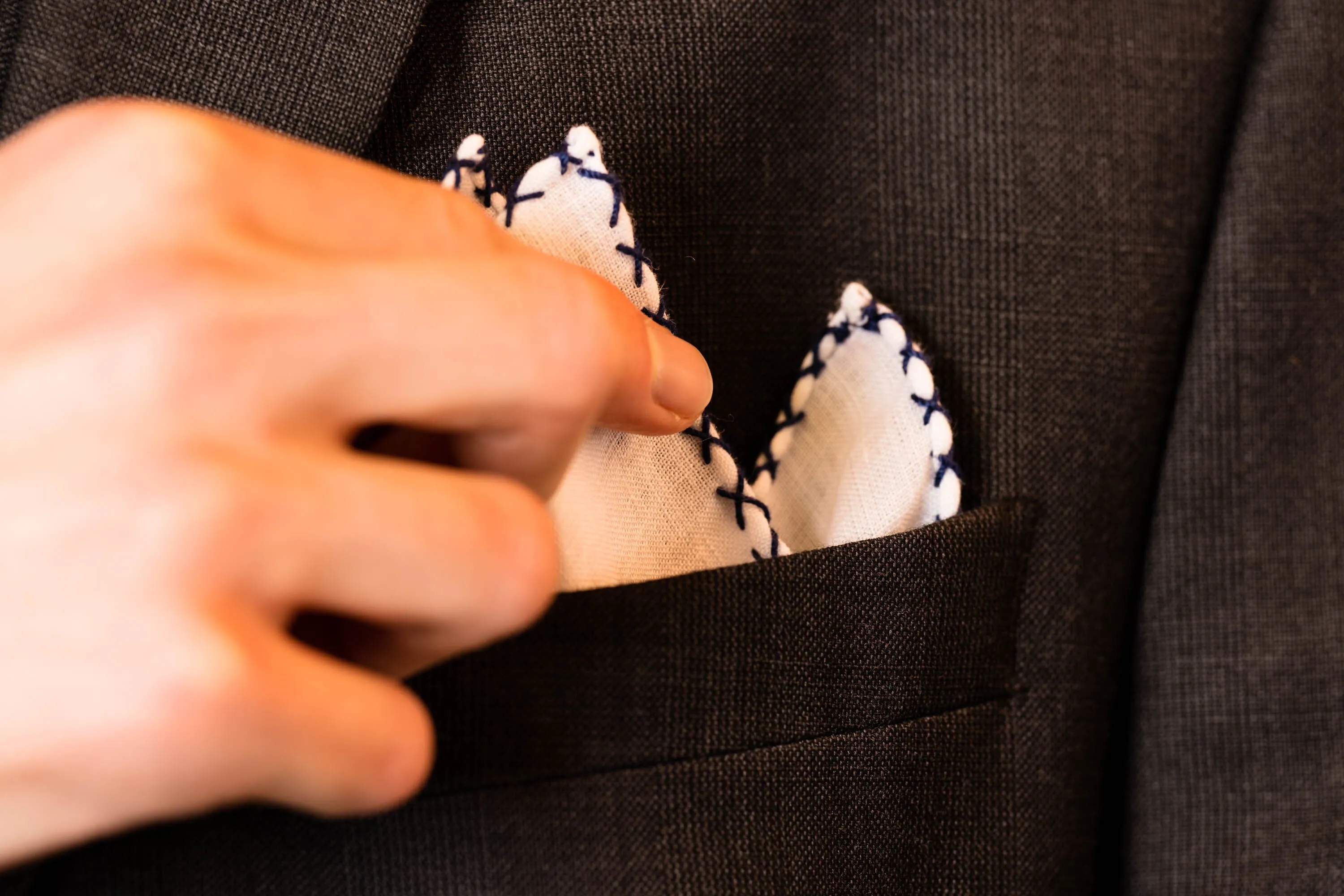 Navy Blue X-Stitch Edge White Linen Pocket Square