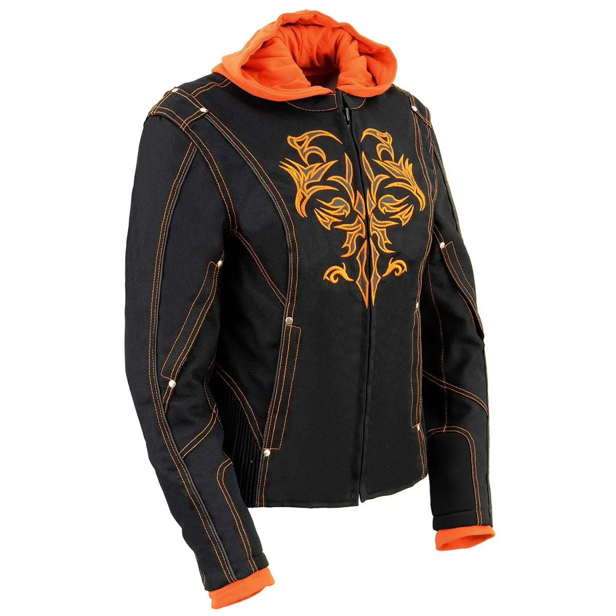 NexGen SH1939 Women's 'Reflective Tribal' Orange and Black 3/4 Textile Vented Jacket