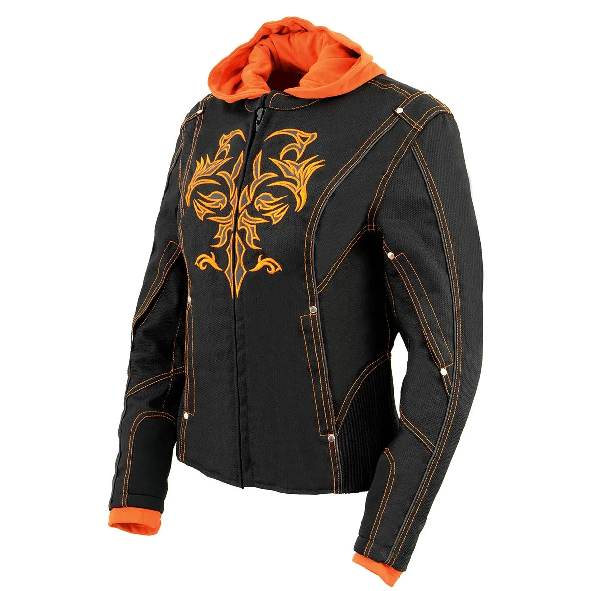 NexGen SH1939 Women's 'Reflective Tribal' Orange and Black 3/4 Textile Vented Jacket